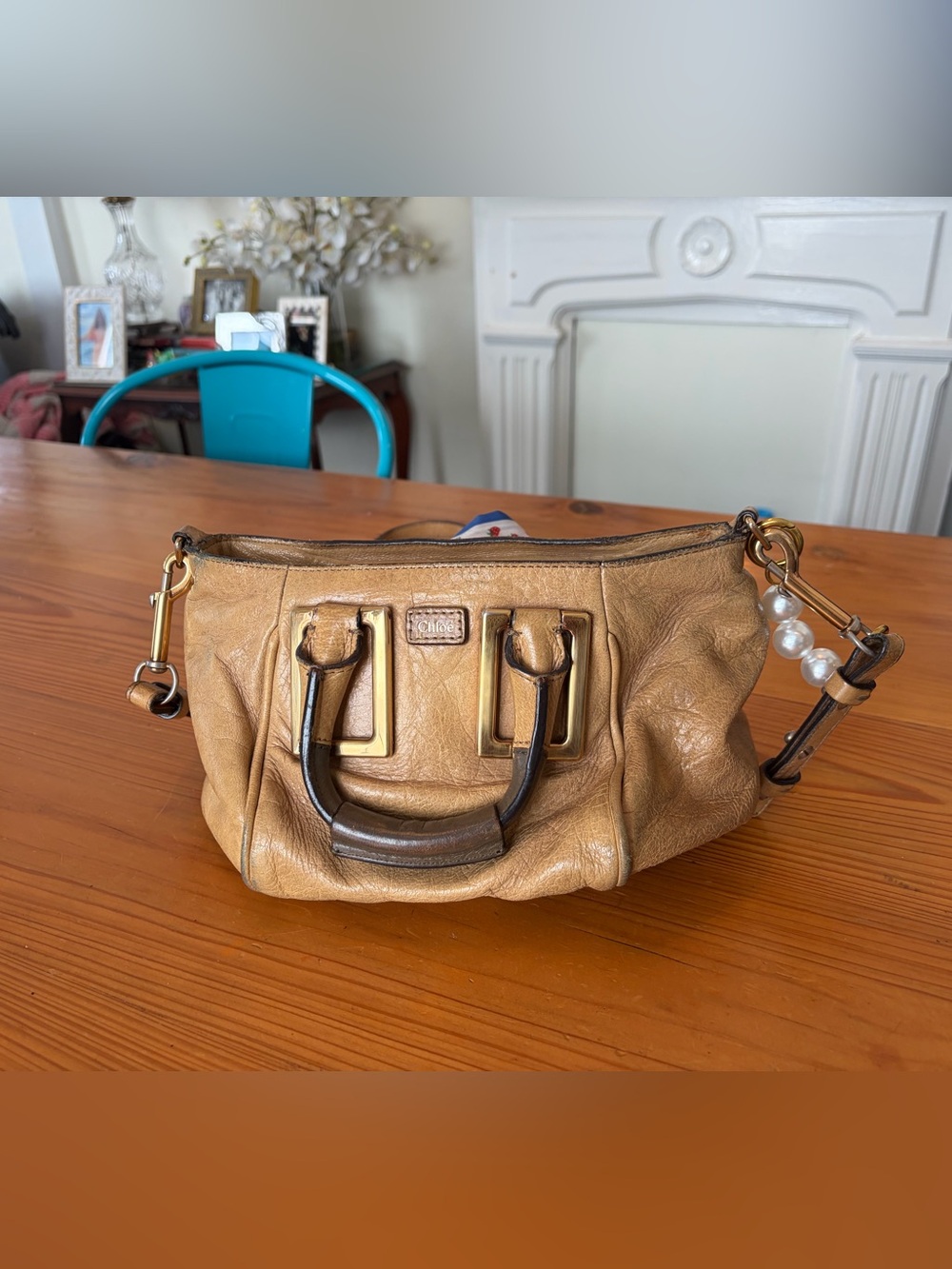 Chloe Tan Leather Satchel with Dark Brown Handles and Gold Hardware